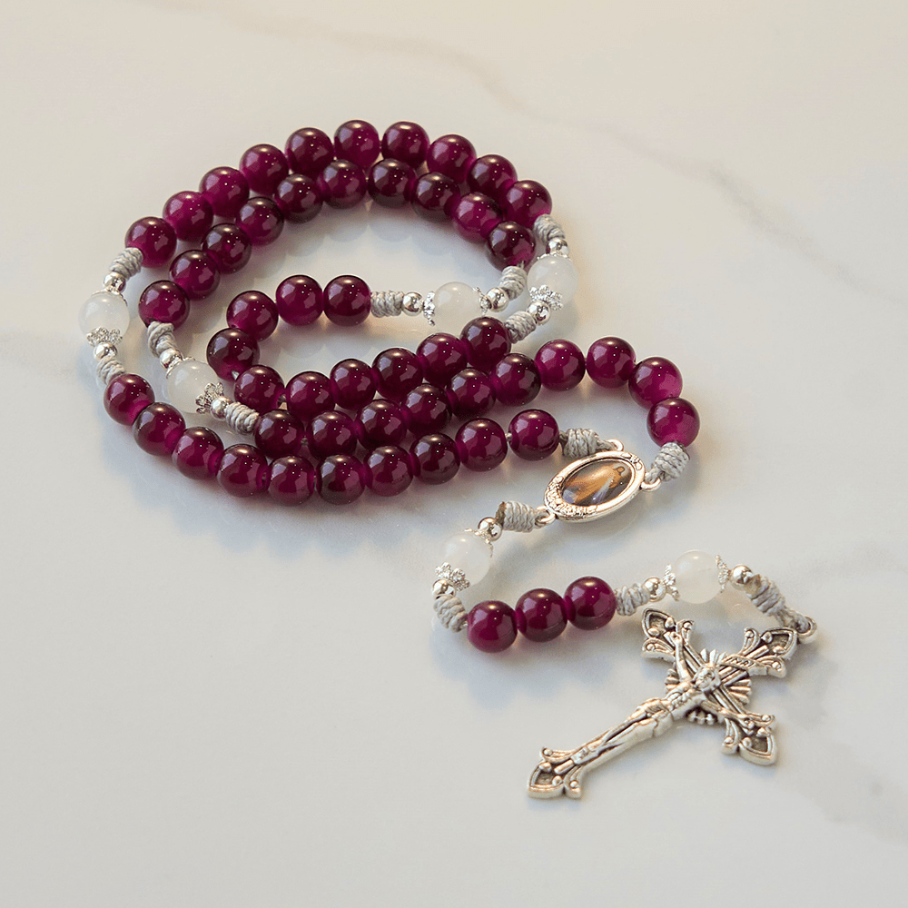 Christianartworkshop Chapelet de calcédoine grenat 8 mm, orné de la Miséricorde Divine et d'un crucifix, fait main. - image 7