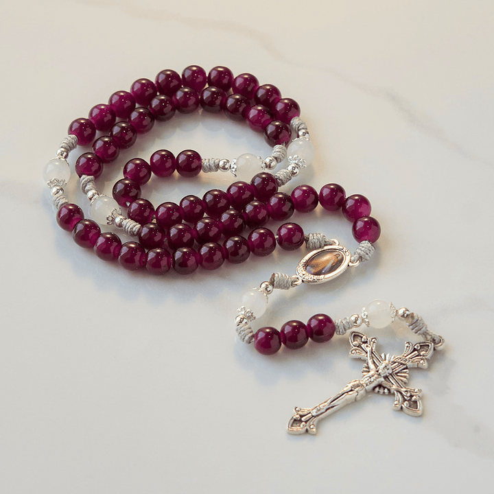 Christianartworkshop Chapelet de calcédoine grenat 8 mm, orné de la Miséricorde Divine et d'un crucifix, fait main. - image 7
