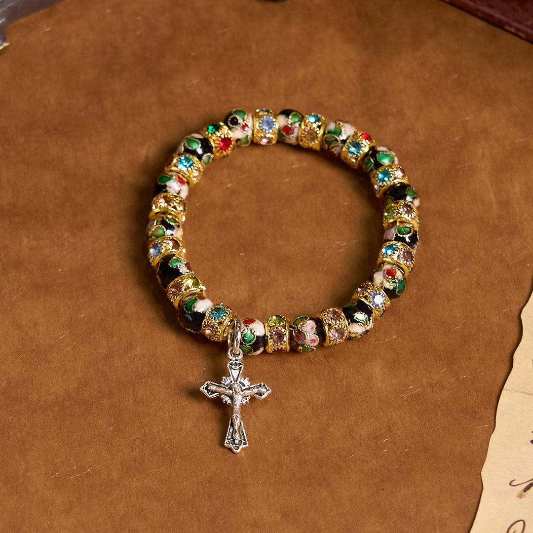 Bracelet « Foi intemporelle » en perles cloisonnées artisanales de Christianartworkshop : un témoignage de la présence du Christ - Doré - image 1