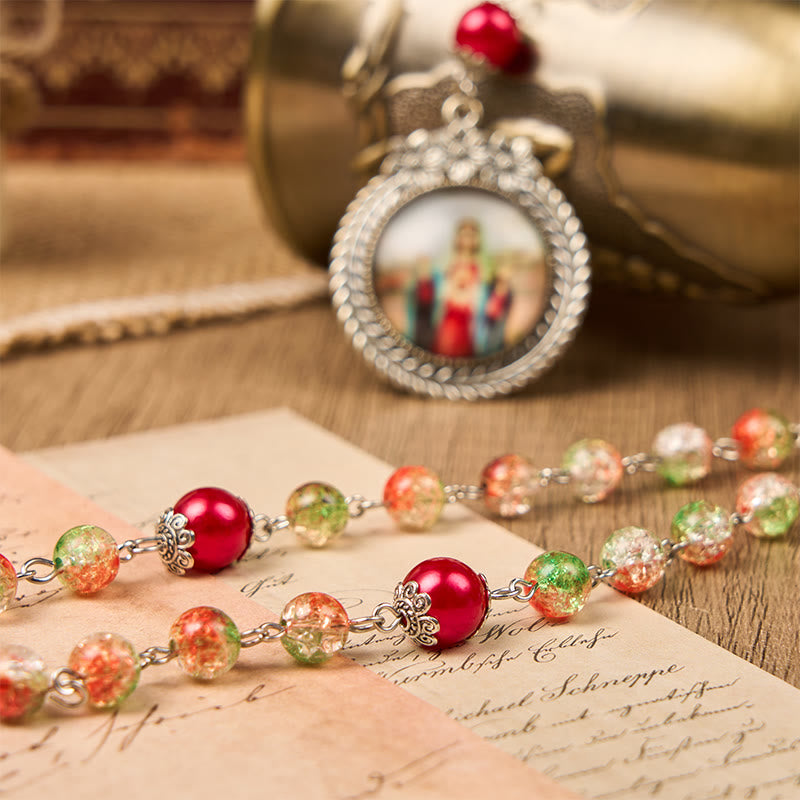 Christianartworkshop Médaille Cœur de Jésus et Marie, chapelet de perles rondes en verre orange-vert de 8 mm - image 6