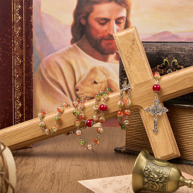 Christianartworkshop Médaille Cœur de Jésus et Marie, chapelet de perles rondes en verre orange-vert de 8 mm - image 4