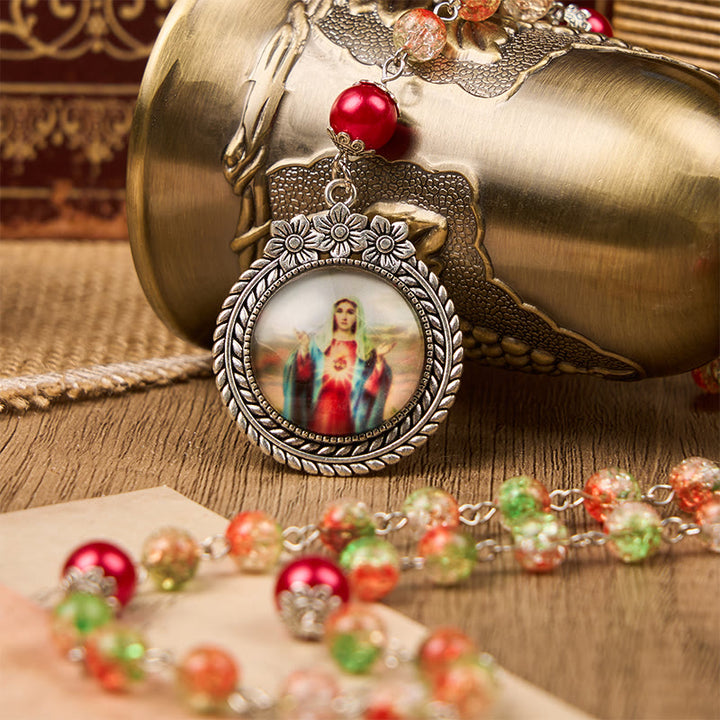 Christianartworkshop Médaille Cœur de Jésus et Marie, chapelet de perles rondes en verre orange-vert de 8 mm - Sainte Médaille - image 0