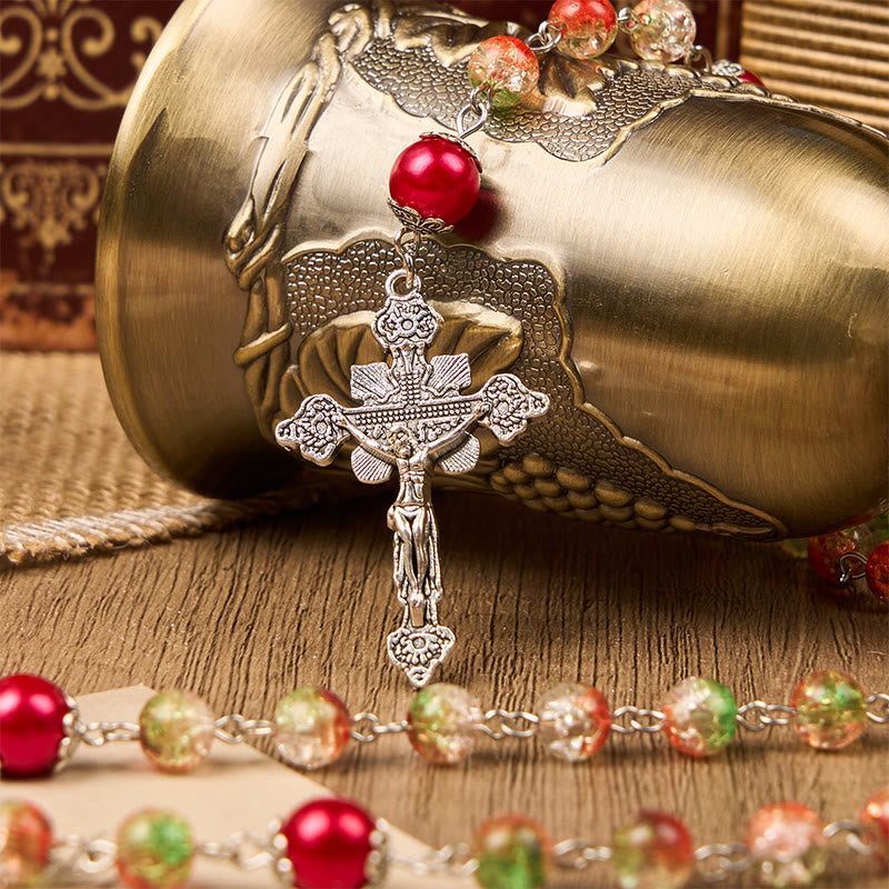 Christianartworkshop Médaille Cœur de Jésus et Marie, chapelet de perles rondes en verre orange-vert de 8 mm - image 5