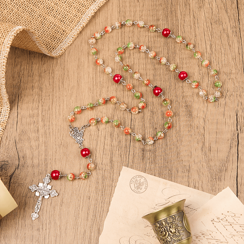 Christianartworkshop Médaille Cœur de Jésus et Marie, chapelet de perles rondes en verre orange-vert de 8 mm - Crucifix - image 1