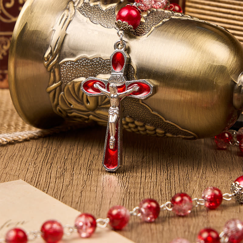 Christianartworkshop Chapelet de perles rondes en verre rouge de 8 mm avec croix et Vierge Marie - image 2