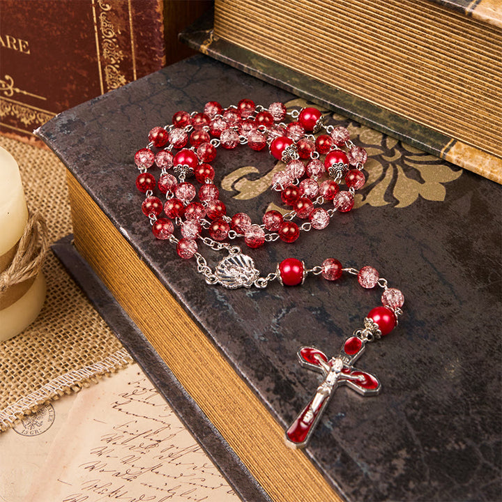 Christianartworkshop Chapelet de perles rondes en verre rouge de 8 mm avec croix et Vierge Marie - image 1