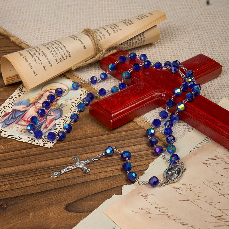 Christianartworkshop Médaille miraculeuse et crucifix en perles rondes de verre bleu scintillant de 8 mm - image 6