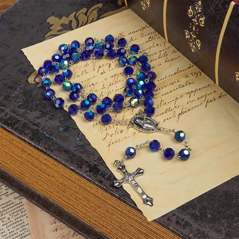 Christianartworkshop Médaille miraculeuse et crucifix en perles rondes de verre bleu scintillant de 8 mm - image 1