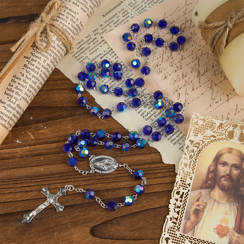 Christianartworkshop Médaille miraculeuse et crucifix en perles rondes de verre bleu scintillant de 8 mm - Médaille miraculeuse et crucifix - image 0