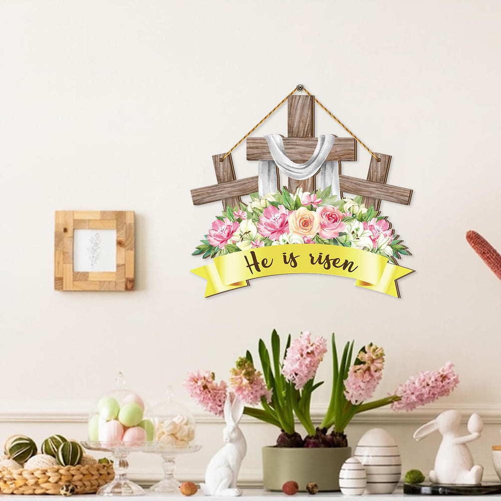 Christianartworkshop Ornement décoratif de Pâques en bois à suspendre « Il est ressuscité » - image 1
