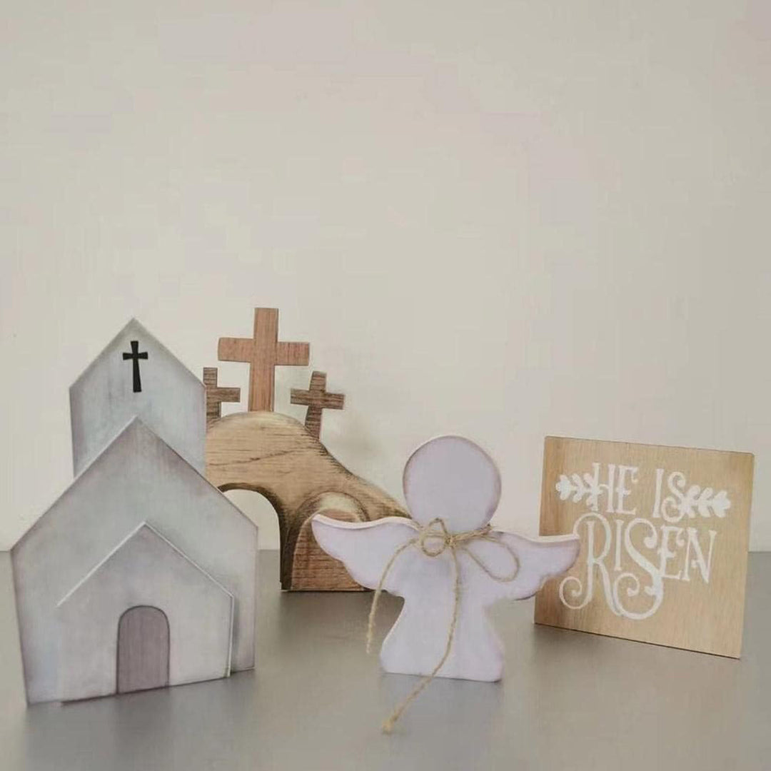 Christianartworkshop Lot de 4 décorations de Pâques en bois représentant le tombeau de Jésus et une croix de Pâques. - Ensemble de 4 pièces - image 0