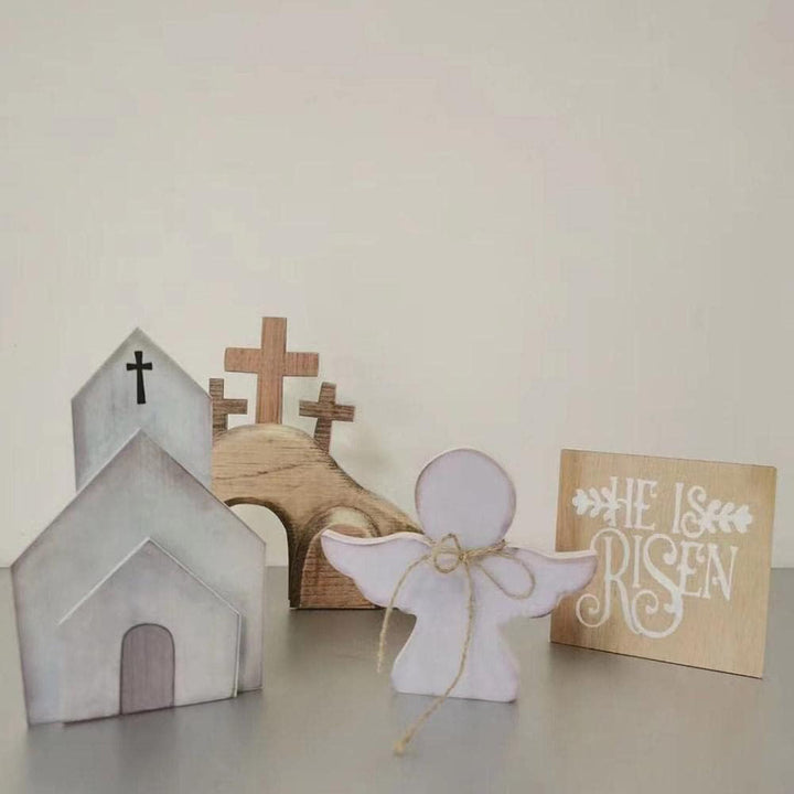 Christianartworkshop Lot de 4 décorations de Pâques en bois représentant le tombeau de Jésus et une croix de Pâques. - Ensemble de 4 pièces - image 0