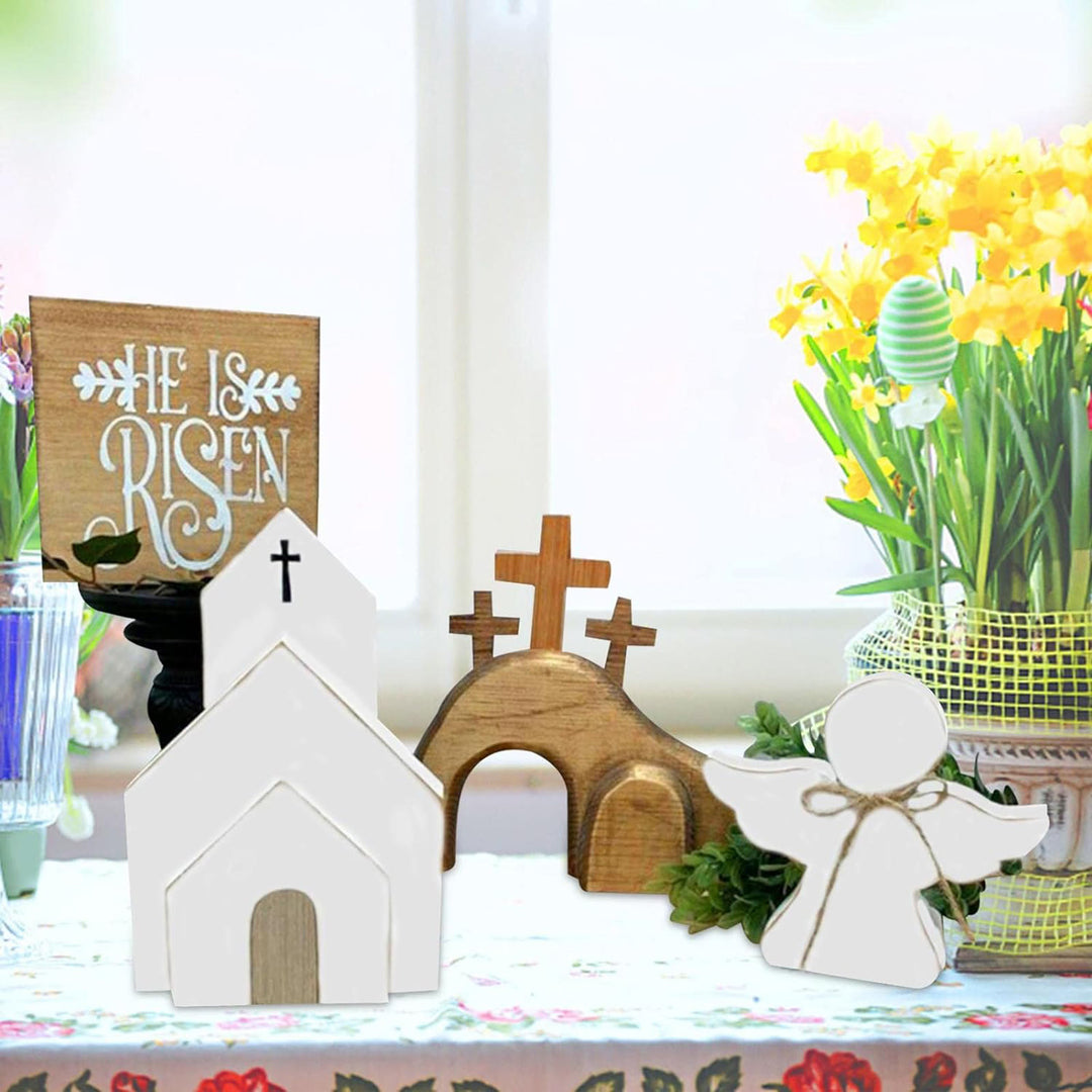 Christianartworkshop Lot de 4 décorations de Pâques en bois représentant le tombeau de Jésus et une croix de Pâques. - image 3