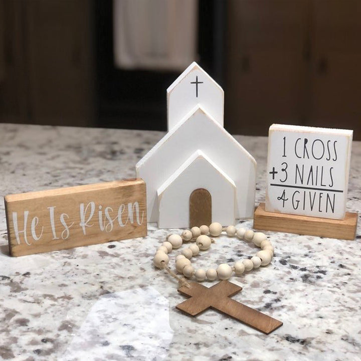 Christianartworkshop Lot de 3 décorations de Pâques en bois « Il est ressuscité » pour bureau - 3 pièces + perles - image 0