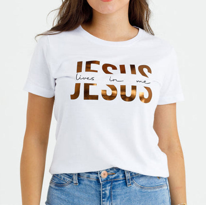 T-shirt chrétien « Foi glamour : Jésus vit en moi » avec texte doré, signé Christianartworkshop - image 10