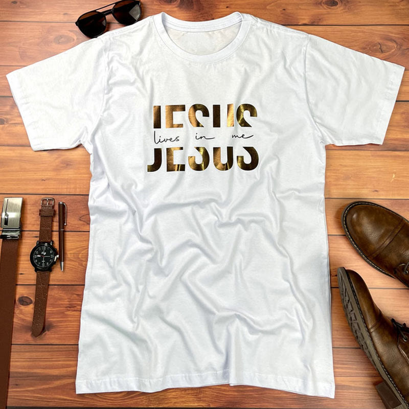 T-shirt chrétien « Foi glamour : Jésus vit en moi » avec texte doré, signé Christianartworkshop - Blanc - 2XL - image 7