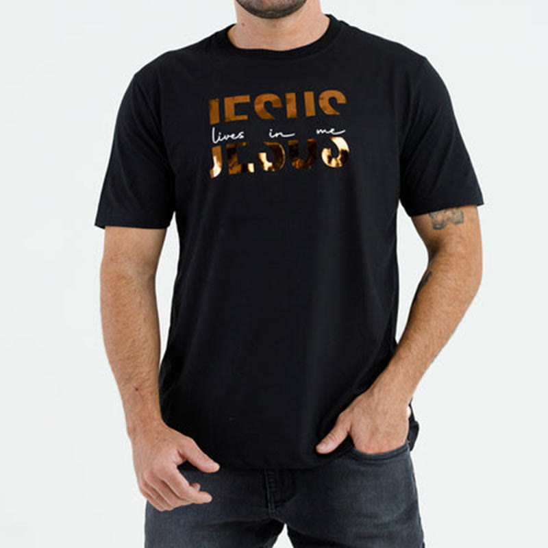 T-shirt chrétien « Foi glamour : Jésus vit en moi » avec texte doré, signé Christianartworkshop - image 5