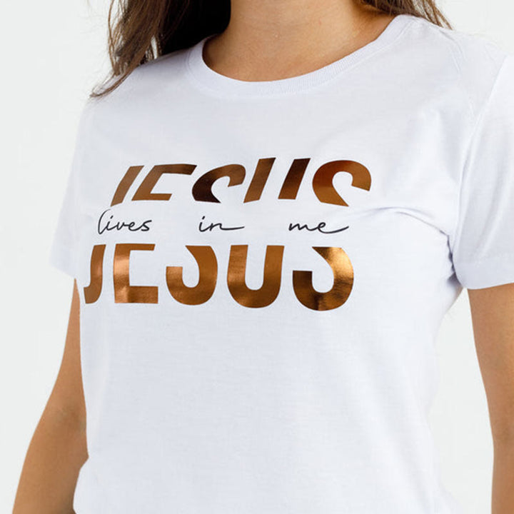 T-shirt chrétien « Foi glamour : Jésus vit en moi » avec texte doré, signé Christianartworkshop - image 9