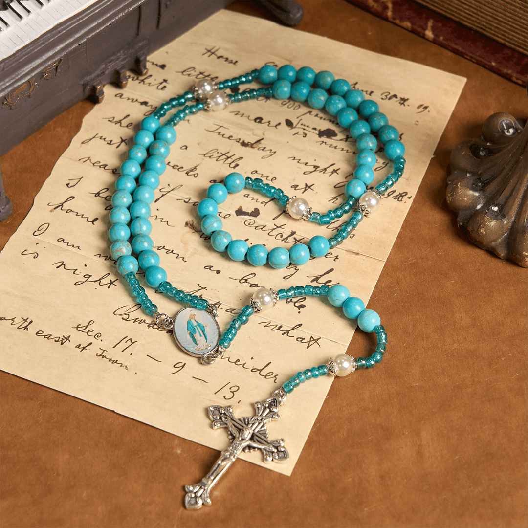 Christianartworkshop Médaille Notre-Dame et crucifix de chapelet à perles rondes turquoise bleues de 8 mm - Médaille miraculeuse et crucifix - image 0