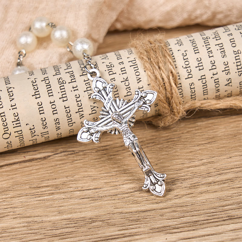 Christianartworkshop Médaille Notre-Dame et crucifix, chapelet de perles rondes en acrylique blanc de 8 mm - image 5