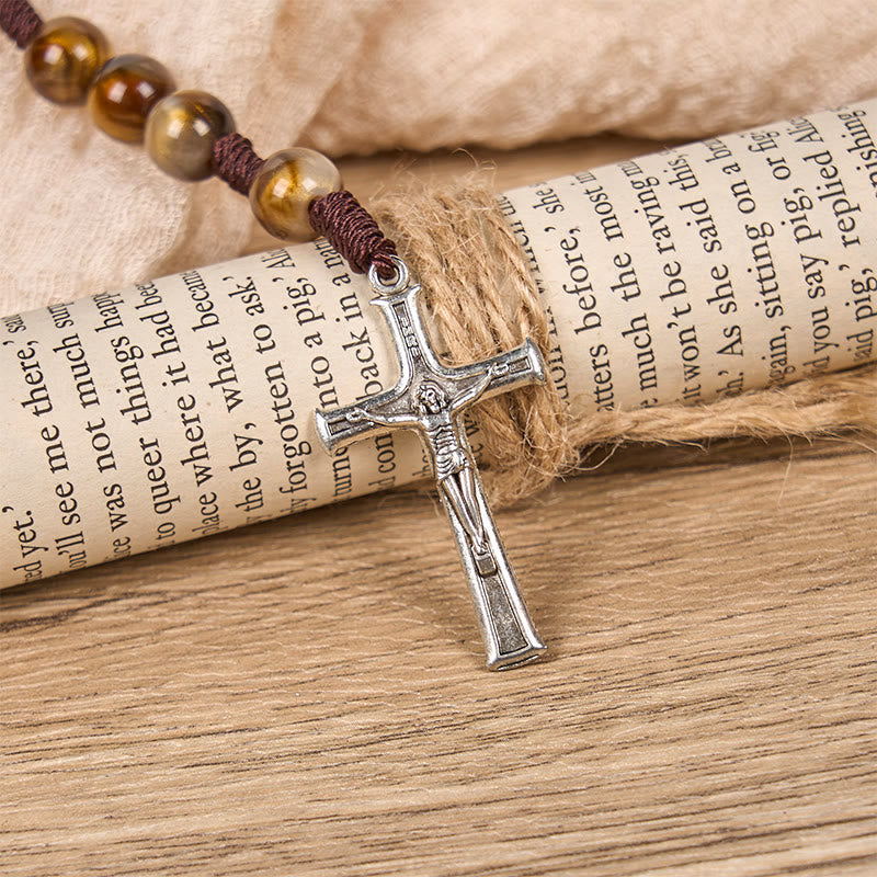 Christianartworkshop Médaille Notre-Dame et crucifix de perles rondes en acrylique marron de 10 mm, chapelet divin - image 5