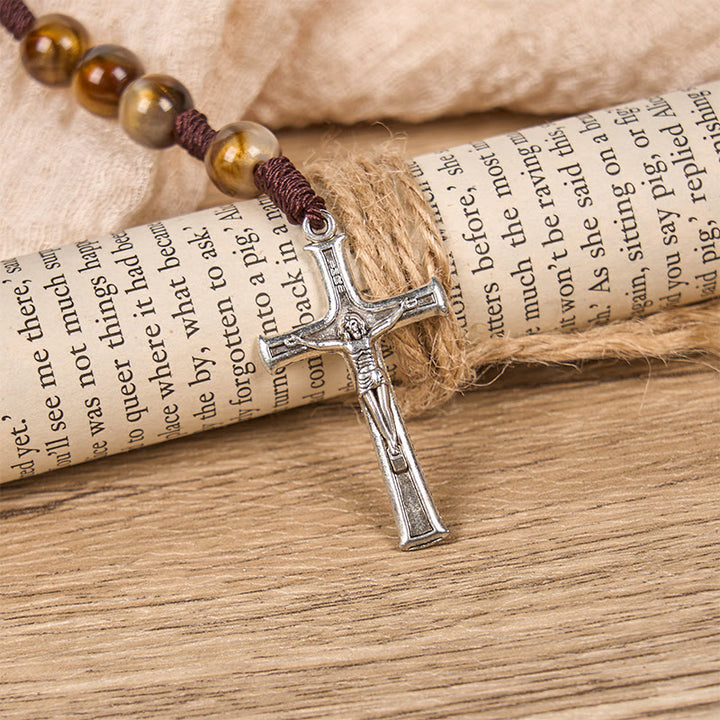 Christianartworkshop Médaille Notre-Dame et crucifix de perles rondes en acrylique marron de 10 mm, chapelet divin - image 5