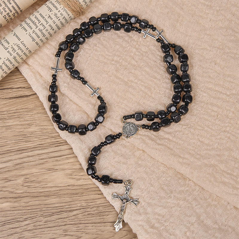 Christianartworkshop Médaille de Saint Benoît et crucifix d'un chapelet de perles rondes en bois noir de 8 mm - image 5