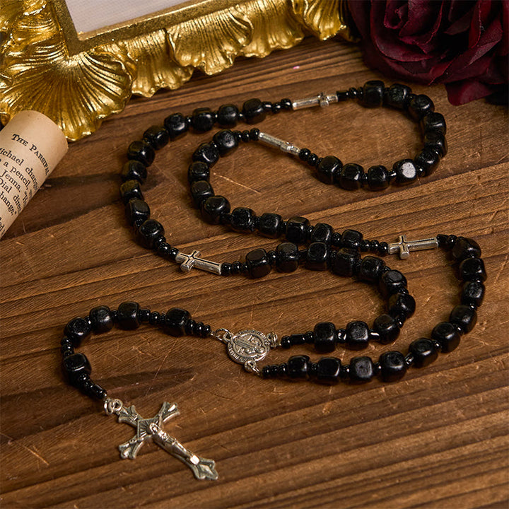 Christianartworkshop Médaille de Saint Benoît et crucifix d'un chapelet de perles rondes en bois noir de 8 mm - Médaille et crucifix de saint Benoît - image 0