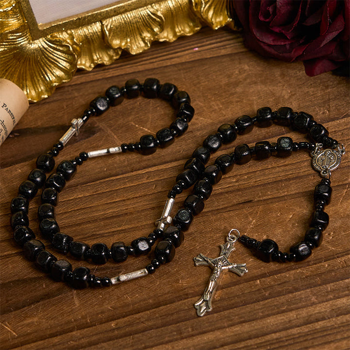 Christianartworkshop Médaille de Saint Benoît et crucifix d'un chapelet de perles rondes en bois noir de 8 mm - image 1