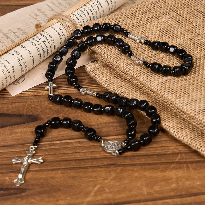 Christianartworkshop Médaille de Saint Benoît et crucifix d'un chapelet de perles rondes en bois noir de 8 mm - image 2