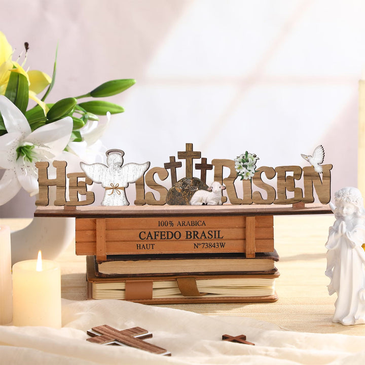 Christianartworkshop Ornement décoratif de Pâques en bois représentant un agneau, un ange et une colombe, sur un bureau : « Il est ressuscité » - Il est ressuscité - image 0