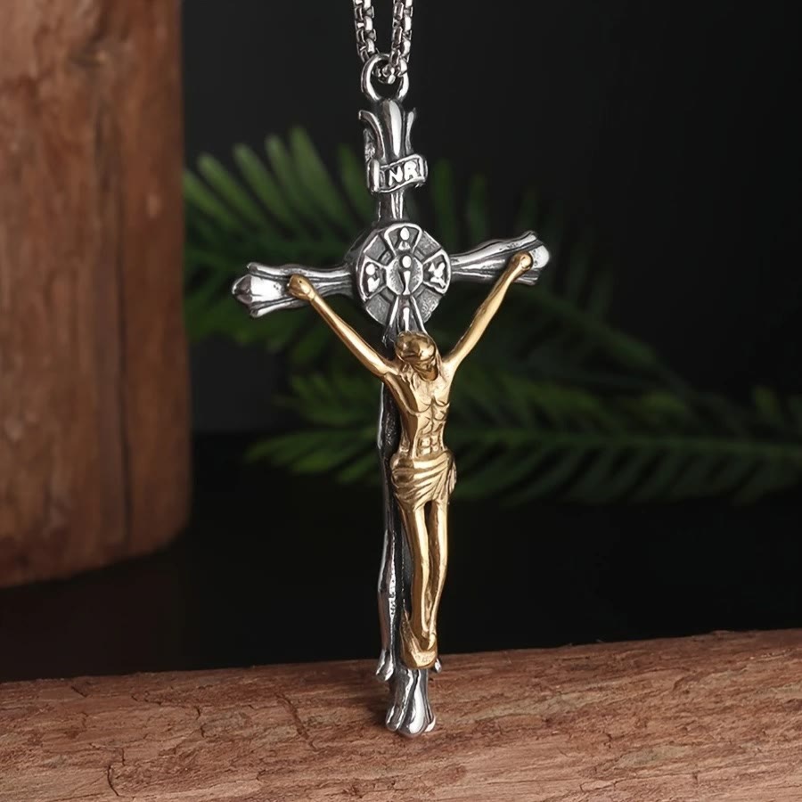 Christianartworkshop Collier crucifix en acier bicolore - Le Sacrifice Divin - image 0