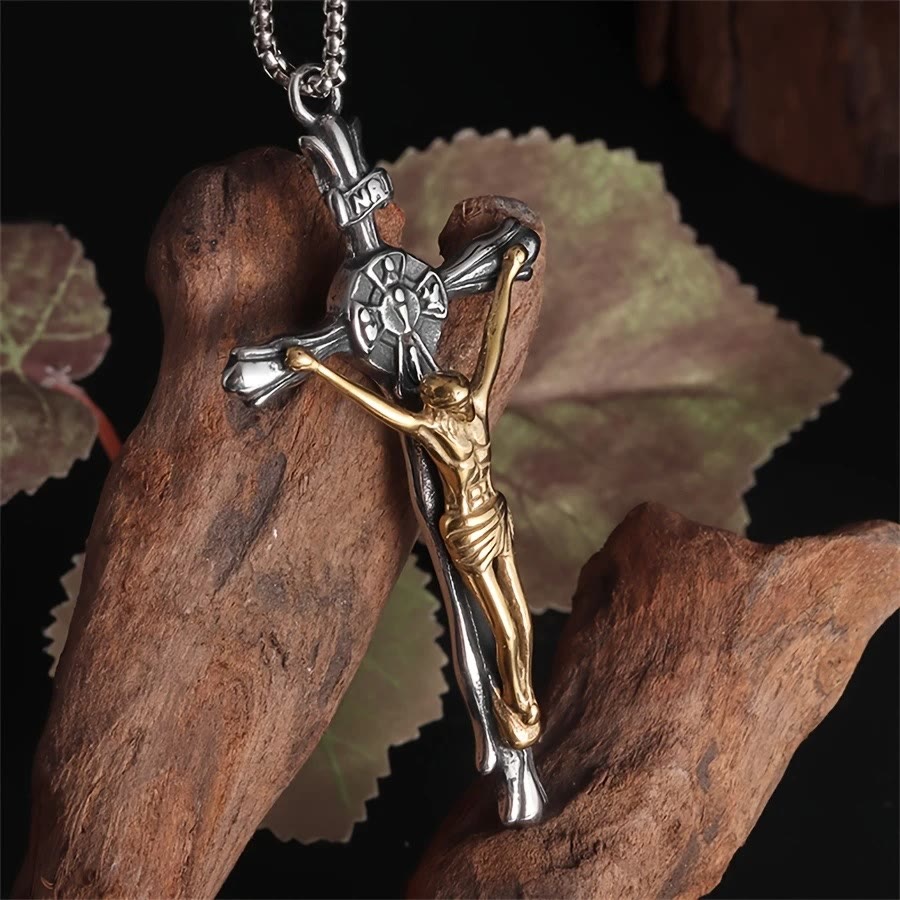 Christianartworkshop Collier crucifix en acier bicolore - Le Sacrifice Divin - image 1