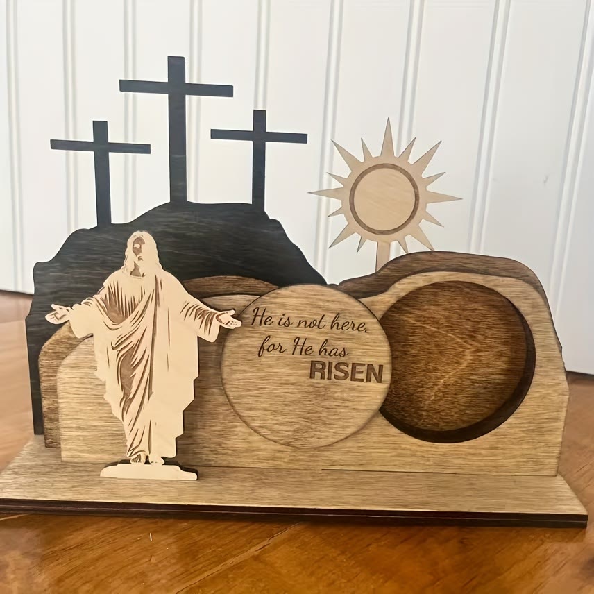 Christianartworkshop Ensemble de 7 croix de Pâques en bois « Il est ressuscité » avec l'inscription « Jésus ». Décoration de bureau. - Ensemble de 7 pièces - image 0