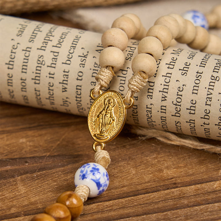 Christianartworkshop Chapelet miraculeux en bois et céramique, perles, médaille et crucifix, fait main - image 4