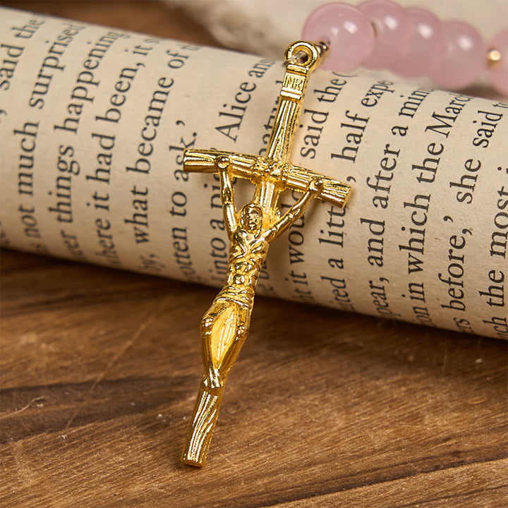 Christianartworkshop FOI PRIÉE : Chapelet fait main en calcédoine rose et porcelaine, perles de sable doré - image 8