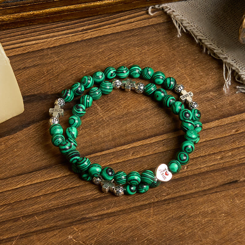 Bracelet chapelet « J’aime Jésus » en perles de malachite verte de Christianartworkshop - image 1