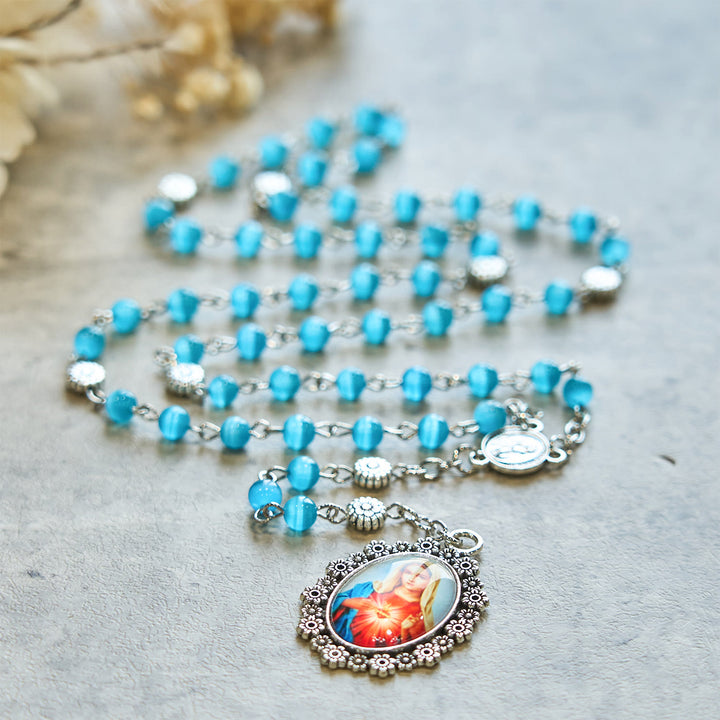 Christianartworkshop Chapelet du Cœur Immaculé de Marie, perles de verre brillantes de 6 mm, bleu lac, 7 douleurs - Lac Bleu - image 0