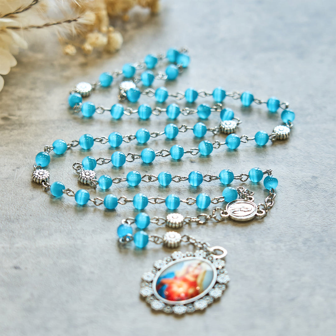 Christianartworkshop Chapelet du Cœur Immaculé de Marie, perles de verre brillantes de 6 mm, bleu lac, 7 douleurs - image 1