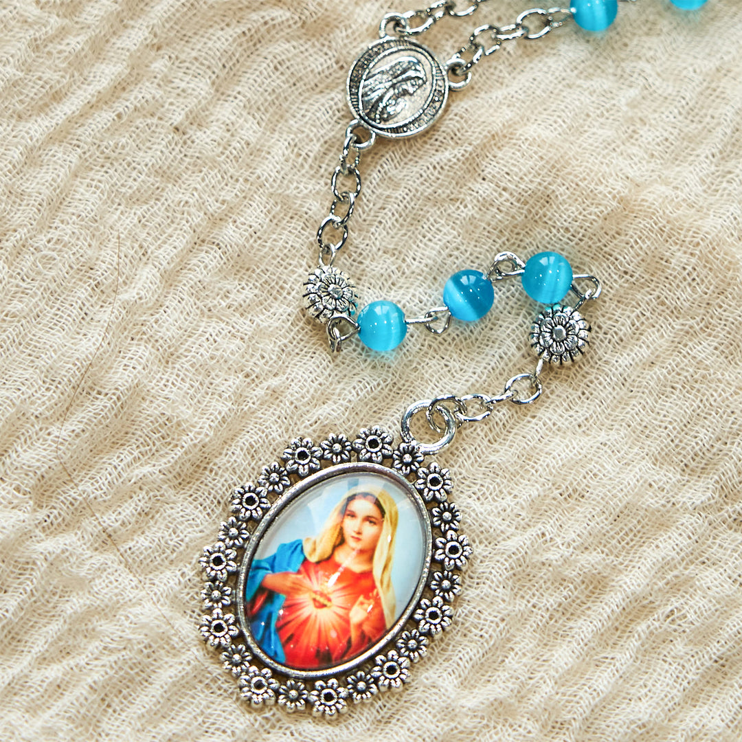 Christianartworkshop Chapelet du Cœur Immaculé de Marie, perles de verre brillantes de 6 mm, bleu lac, 7 douleurs - image 4