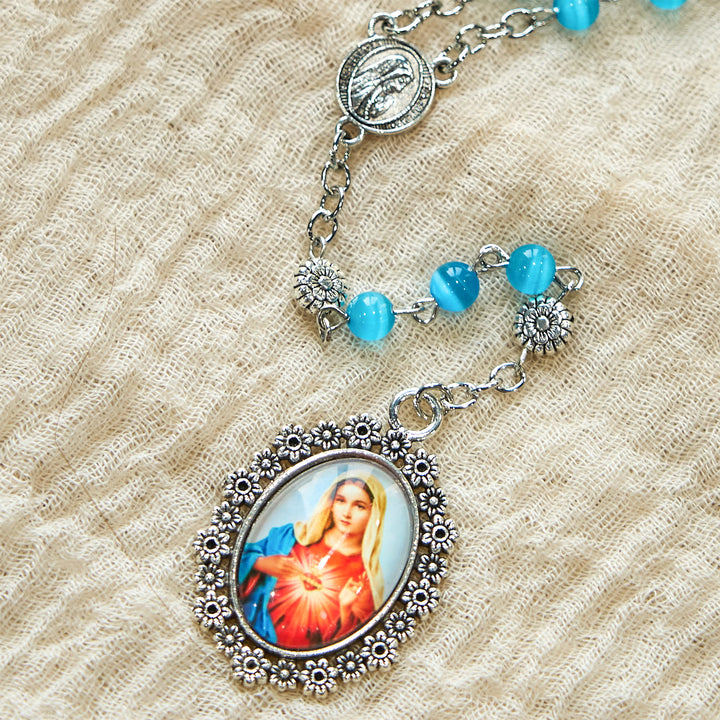 Christianartworkshop Chapelet du Cœur Immaculé de Marie, perles de verre brillantes de 6 mm, bleu lac, 7 douleurs - image 4