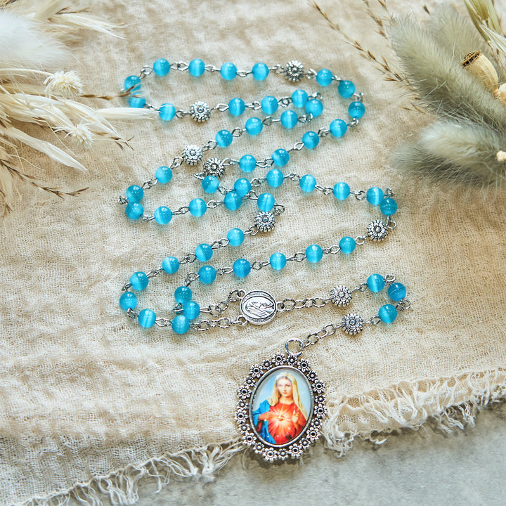 Christianartworkshop Chapelet du Cœur Immaculé de Marie, perles de verre brillantes de 6 mm, bleu lac, 7 douleurs - image 8