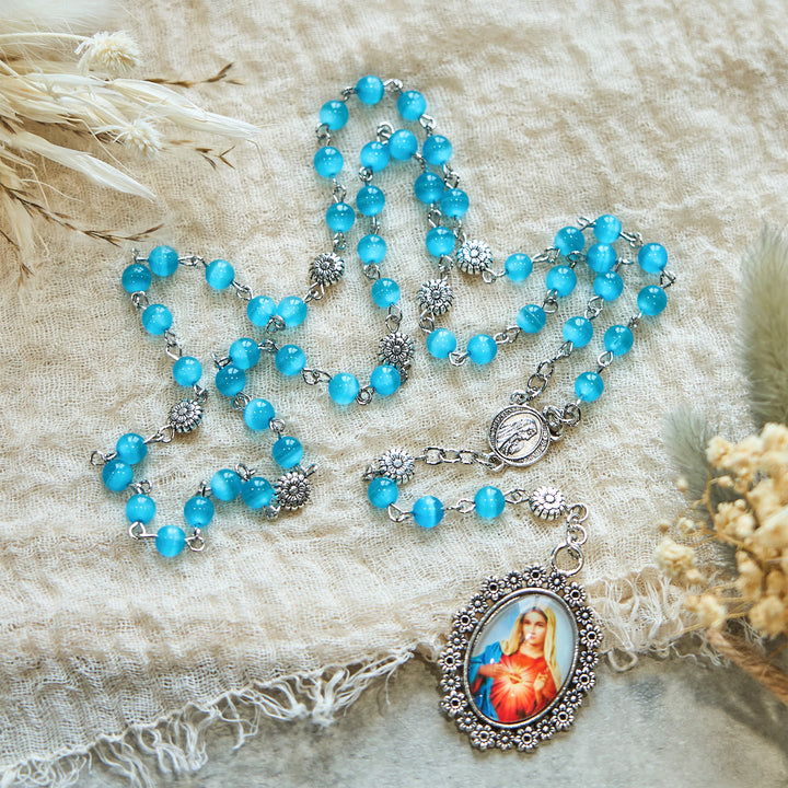 Christianartworkshop Chapelet du Cœur Immaculé de Marie, perles de verre brillantes de 6 mm, bleu lac, 7 douleurs - image 6