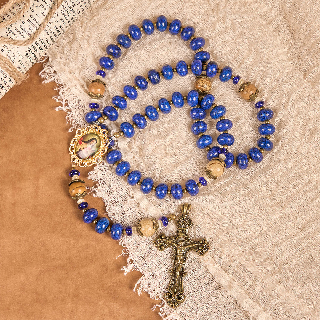 Christianartworkshop Médaille et crucifix faits main de Sainte Thérèse de Lisieux, en lapis-lazuli aplati 8*10 mm et chapelet en pierre de carte - image 7