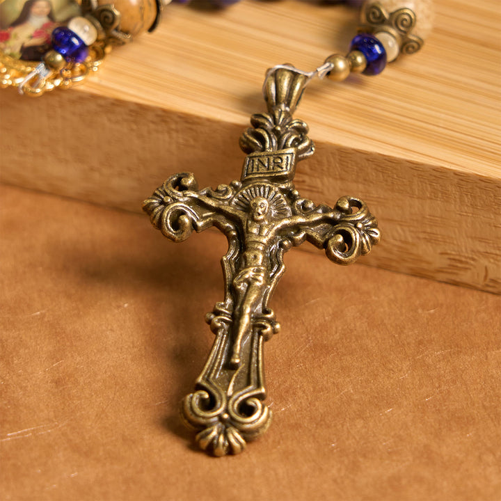 Christianartworkshop Médaille et crucifix faits main de Sainte Thérèse de Lisieux, en lapis-lazuli aplati 8*10 mm et chapelet en pierre de carte - image 5