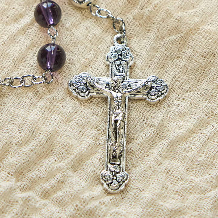 Christianartworkshop Chapelet de dévotion en perles de verre violet transparent avec perles roses du Notre Père - image 4