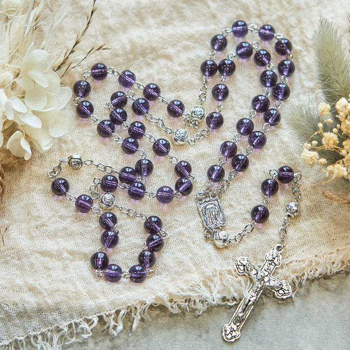 Christianartworkshop Chapelet de dévotion en perles de verre violet transparent avec perles roses du Notre Père - Perles violettes transparentes - image 0