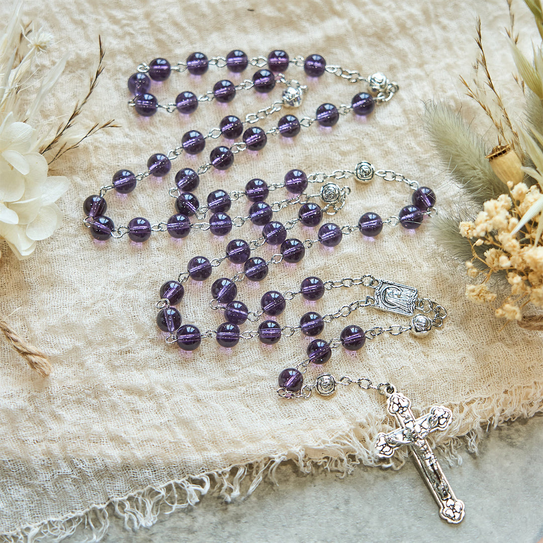 Christianartworkshop Chapelet de dévotion en perles de verre violet transparent avec perles roses du Notre Père - image 6