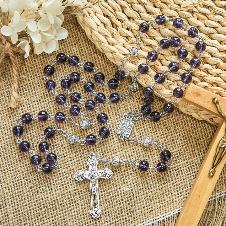 Christianartworkshop Chapelet de dévotion en perles de verre violet transparent avec perles roses du Notre Père - image 3