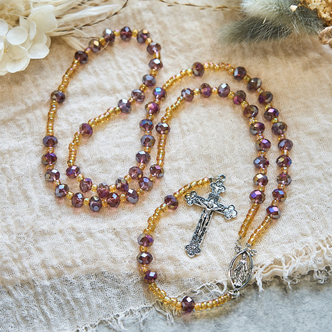 Christianartworkshop Crucifix fait main en cristal violet et verre, chapelet Notre-Dame, chapelet de la Grâce Divine - image 2
